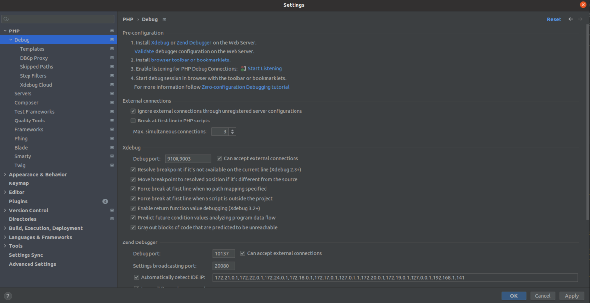 A screenshot of phpstorm showing the xdebug configuration